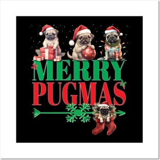 Christmas Pugs With Santa Hat Merry Pugmas Xmas Puppies Dog Christmas Posters and Art